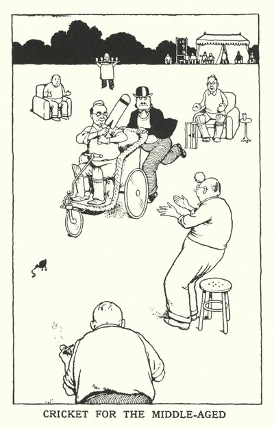 Cricket for middelalderen (litho) av William Heath Robinson