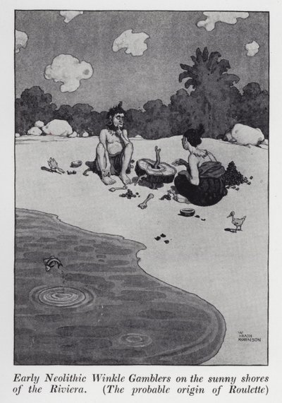 Tidlig neolittiske Winkle Gamblere på den solfylte kysten av rivieraen, den sannsynlige opprinnelsen til rulett (litho) av William Heath Robinson