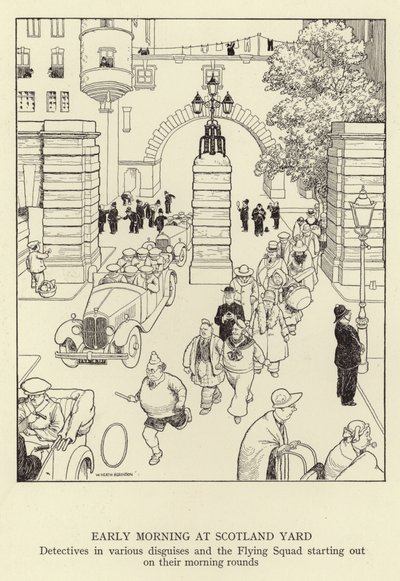 Tidlig morgen på Scotland Yard, detektiver i forskjellige forkledninger og Flying Squad starter på morgenrundene sine av William Heath Robinson