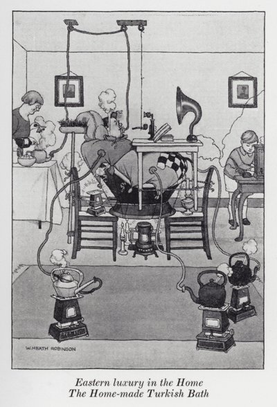 Østlig luksus i hjemmet, det hjemmelagde tyrkiske badet (litho) av William Heath Robinson