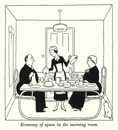 Plassøkonomi i morgenrommet (litho) av William Heath Robinson