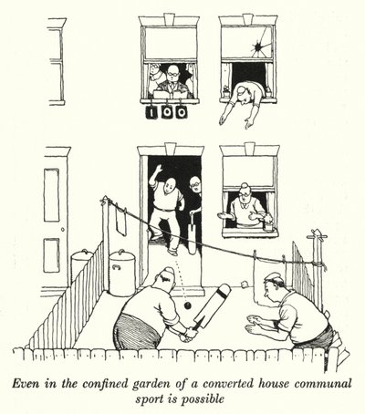 Selv i den innestengte hagen til et ombygd hus er felles sport mulig (litho) av William Heath Robinson