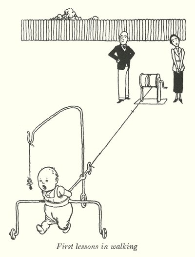 Første leksjoner i å gå (litho) av William Heath Robinson