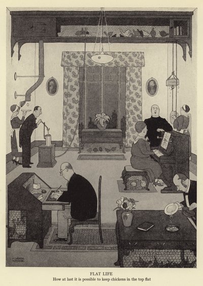 Flatt liv, hvordan det endelig er mulig å holde kyllinger i toppen flat av William Heath Robinson