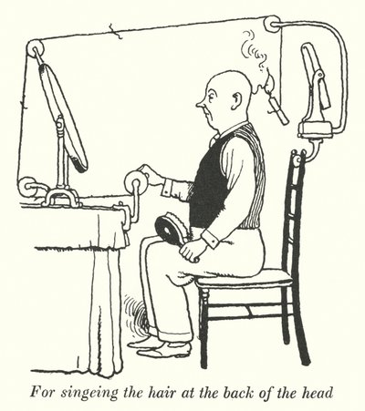 For skjæring av håret på baksiden av hodet (litho) av William Heath Robinson