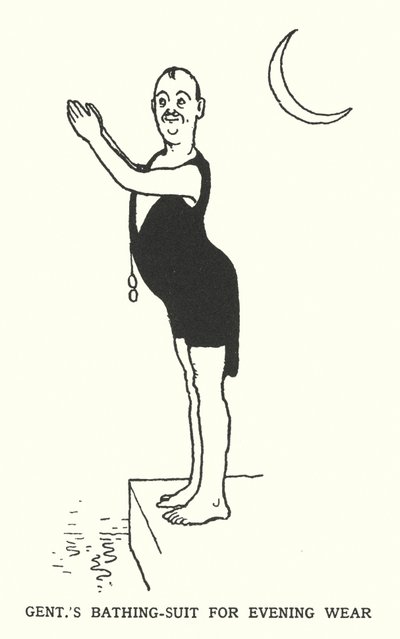 Gents badedrakt for kveldsklær (litho) av William Heath Robinson