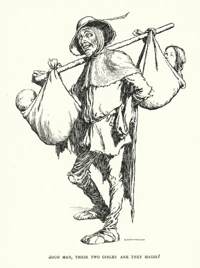 Bra mann, er disse to jentene hushjelper? (litho) av William Heath Robinson
