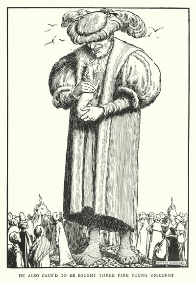 Han fikk også kjøpt tre fine unge enhjørninger (litho) av William Heath Robinson