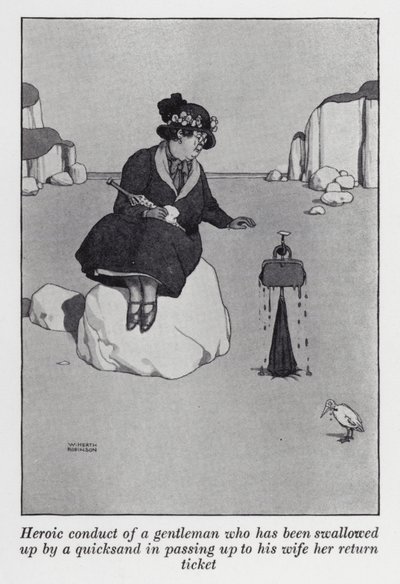 Heroisk oppførsel av en herre som har blitt slukt av et kvikksand ved å gi sin kone returbilletten hennes (litho) av William Heath Robinson