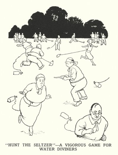 "Hunt the Seltzer", et kraftig spill for vannspåkere (litho) av William Heath Robinson