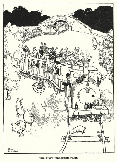 Illustrasjon for Railway Ribaldry av W Heath Robinson (litho) av William Heath Robinson