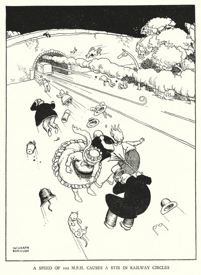Illustrasjon for Railway Ribaldry av W Heath Robinson (litho) av William Heath Robinson