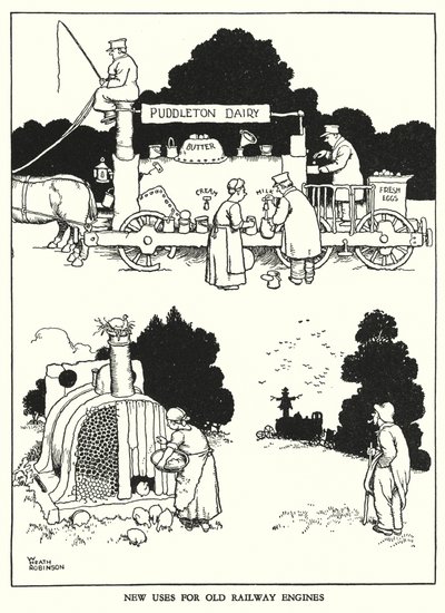 Illustrasjon for Railway Ribaldry av W Heath Robinson (litho) av William Heath Robinson