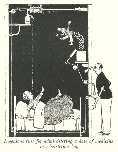 Genial list for å gi en dose medisin til en støyende gutt (litho) av William Heath Robinson