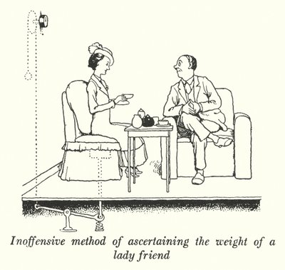 Ufornærmende metode for å fastslå vekten til en venninne (litho) av William Heath Robinson