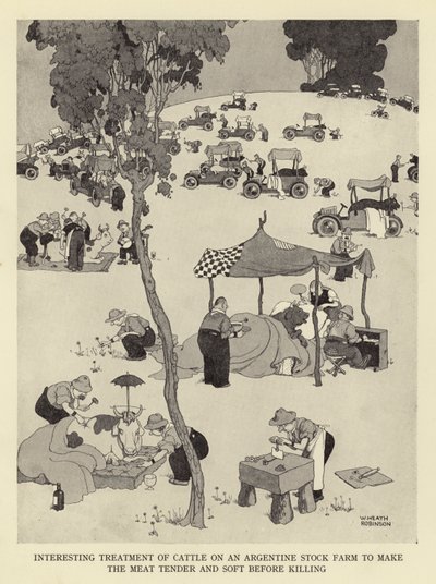 Interessant behandling av storfe på en argentinsk oppdrettsgård for å gjøre kjøttet mørt og mykt før det drepes av William Heath Robinson