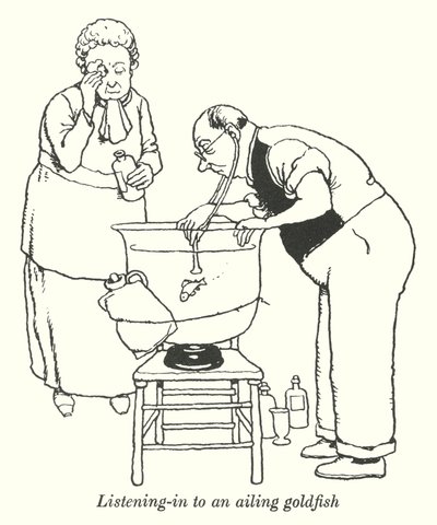 Lytte inn til en sykelig gullfisk (litho) av William Heath Robinson