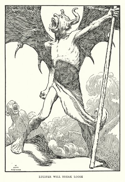 Lucifer vil bryte løs (litho) av William Heath Robinson