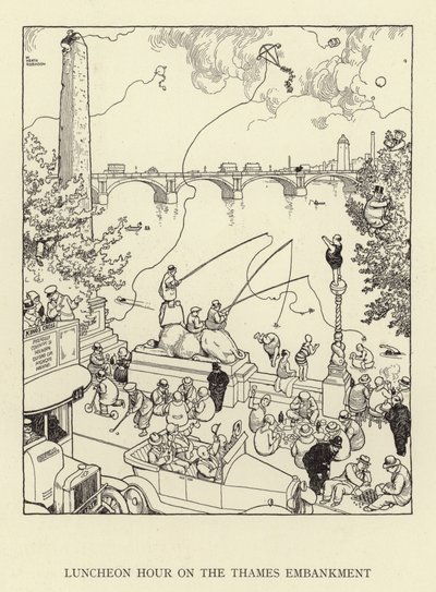 Lunsjtime på Thames Embankment av William Heath Robinson