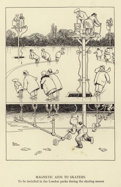 Magnetiske hjelpemidler til skatere, som skal installeres i London-parkene i løpet av skøytesesongen av William Heath Robinson