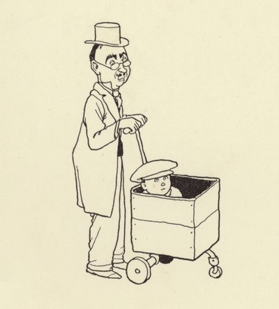 Mann dytter gutt i en boks av William Heath Robinson