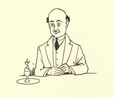 Mann overrasket av fugl i morgenegget sitt av William Heath Robinson