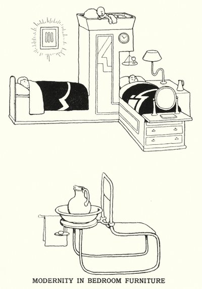 Modernitet i soveromsmøbler (litho) av William Heath Robinson