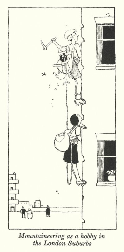 Fjellklatring som hobby i London Suburbs (litho) av William Heath Robinson
