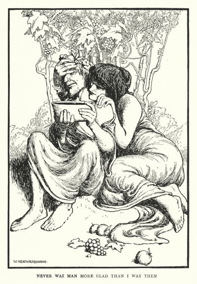 Aldri var mennesket mer glad enn jeg var da (litho) av William Heath Robinson