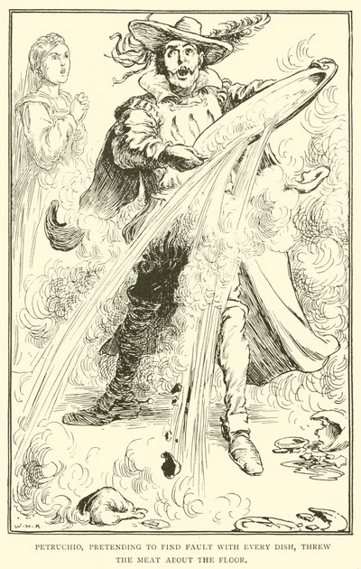 Petruchio, som lot som han fant feil med hver rett, kastet kjøttet på gulvet av William Heath Robinson