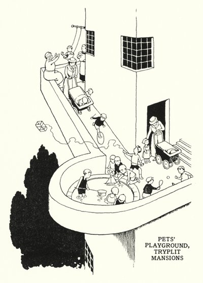 Kjæledyrs lekeplass, Tryplit Mansions (litho) av William Heath Robinson