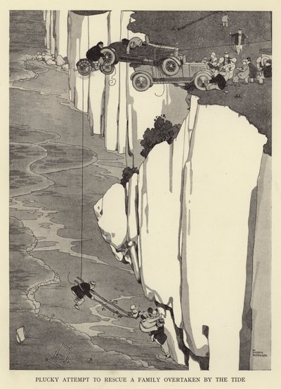 Kraftig forsøk på å redde en familie som ble overkjørt av tidevannet av William Heath Robinson