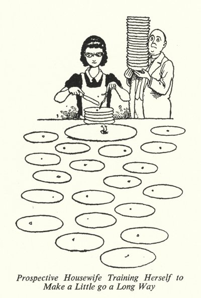 Potensielle husmor som trener seg for å få litt til å gå en lang vei (litho) av William Heath Robinson