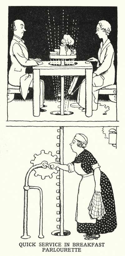 Rask service i frokostsalongen (litho) av William Heath Robinson