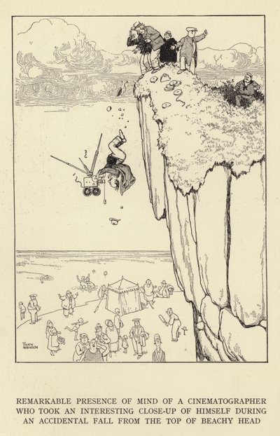 Bemerkelsesverdig tilstedeværelse av sinnet til en kinematograf som tok et interessant nærbilde av seg selv under et utilsiktet fall fra toppen av Beachy Head av William Heath Robinson
