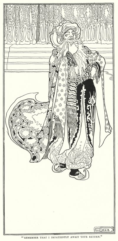 "Husk at jeg utålmodig venter på at du kommer tilbake" (gravering) av William Heath Robinson