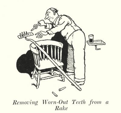 Fjerning av utslitte tenner fra en rive (litho) av William Heath Robinson