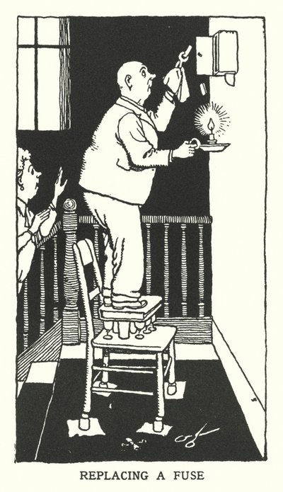 Bytte ut en sikring (litho) av William Heath Robinson