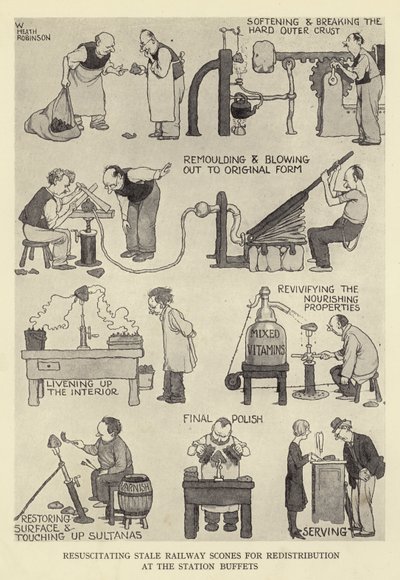Gjenoppliving av bedervede jernbanescones for omfordeling ved stasjonsbuffetene av William Heath Robinson