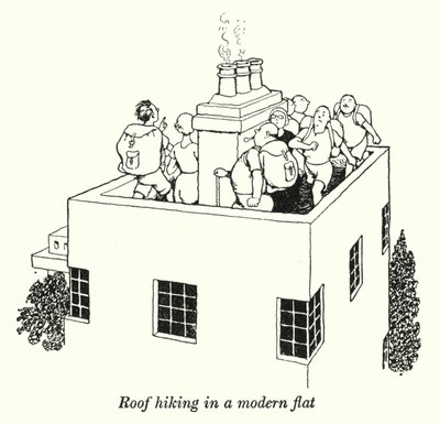 Takvandring i en moderne leilighet (litho) av William Heath Robinson