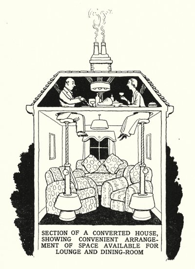 Del av et ombygd hus, som viser praktisk plass til salong og spisestue (litho) av William Heath Robinson