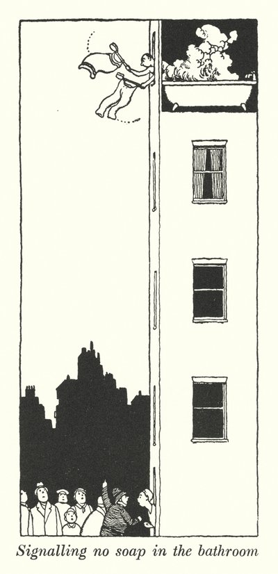 Signaliserer ingen såpe på badet (litho) av William Heath Robinson
