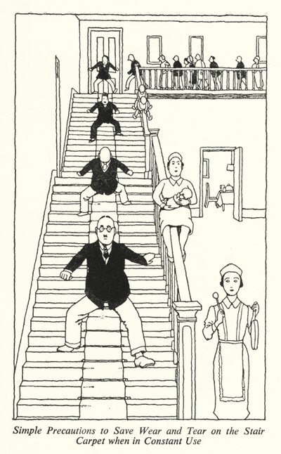 Enkle forholdsregler for å spare slitasje på trappeteppet når det er i konstant bruk (litho) av William Heath Robinson