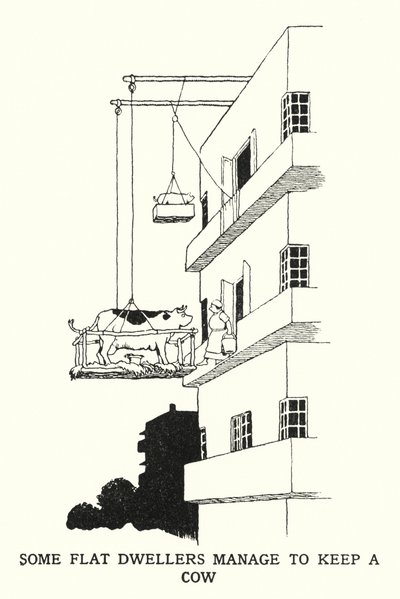 Noen flatboere klarer å holde en ku (litho) av William Heath Robinson