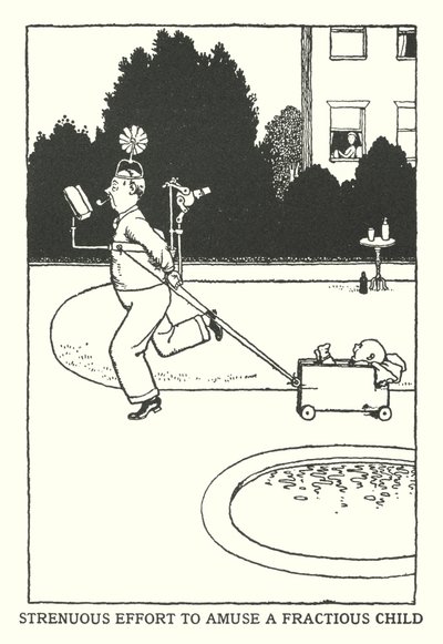 Anstrengende innsats for å underholde et skjørt barn (litho) av William Heath Robinson