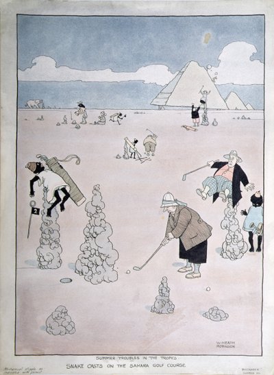 Sommerproblemer i tropene - Slangekast på Sahara golfbane (penn, blekk og akvarell) av William Heath Robinson