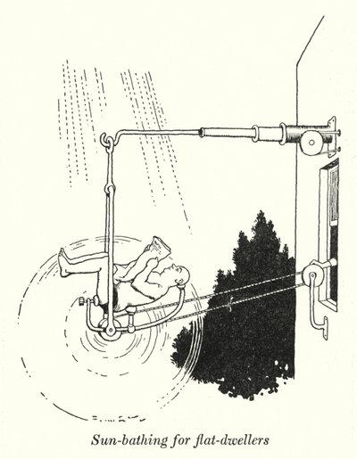 Solbading for leilighetsbeboere (litho) av William Heath Robinson