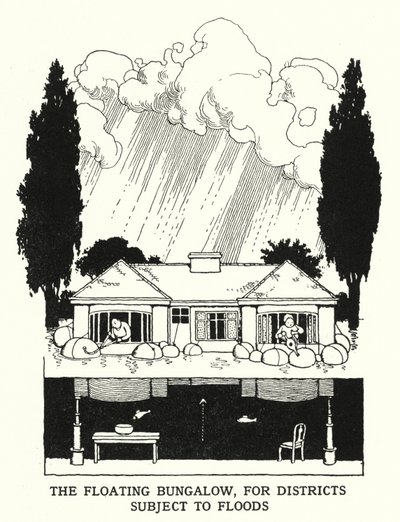 Den flytende bungalowen, for distrikter utsatt for flom (litho) av William Heath Robinson