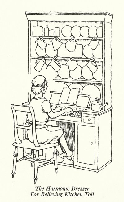 Den harmoniske kommoden for å lindre kjøkkenslit (litho) av William Heath Robinson