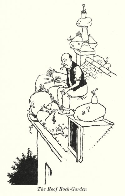 The Roof Rock-Garden (litho) av William Heath Robinson